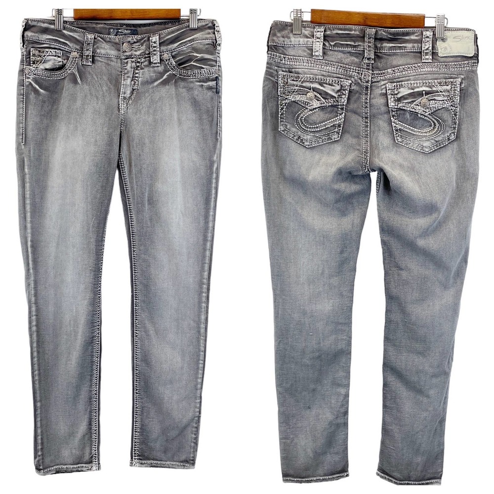 Silver Jean Co. Suki Flap Skinny Washed Gray Embroidered Stones Women's 31